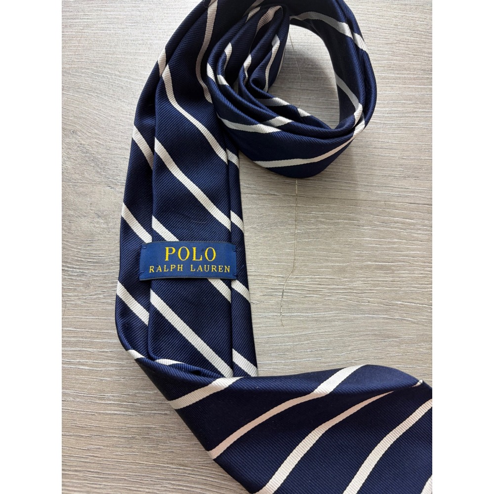 Polo Ralph Lauren Silk Tie Navy Blue White Repp Stripe Hand Made in Italy Mens